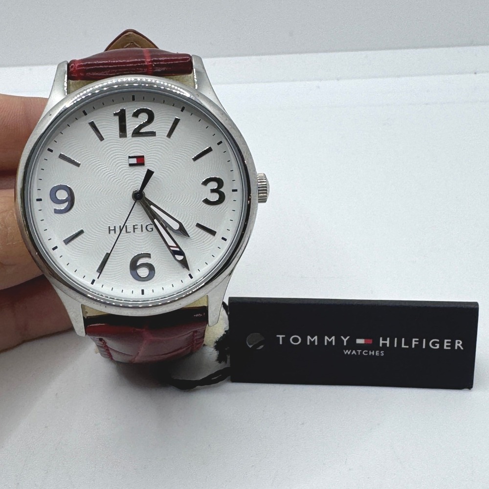 Tommy Hilfiger Womens Watch Silver White Dial Burgundy Leather Strap NEW $95